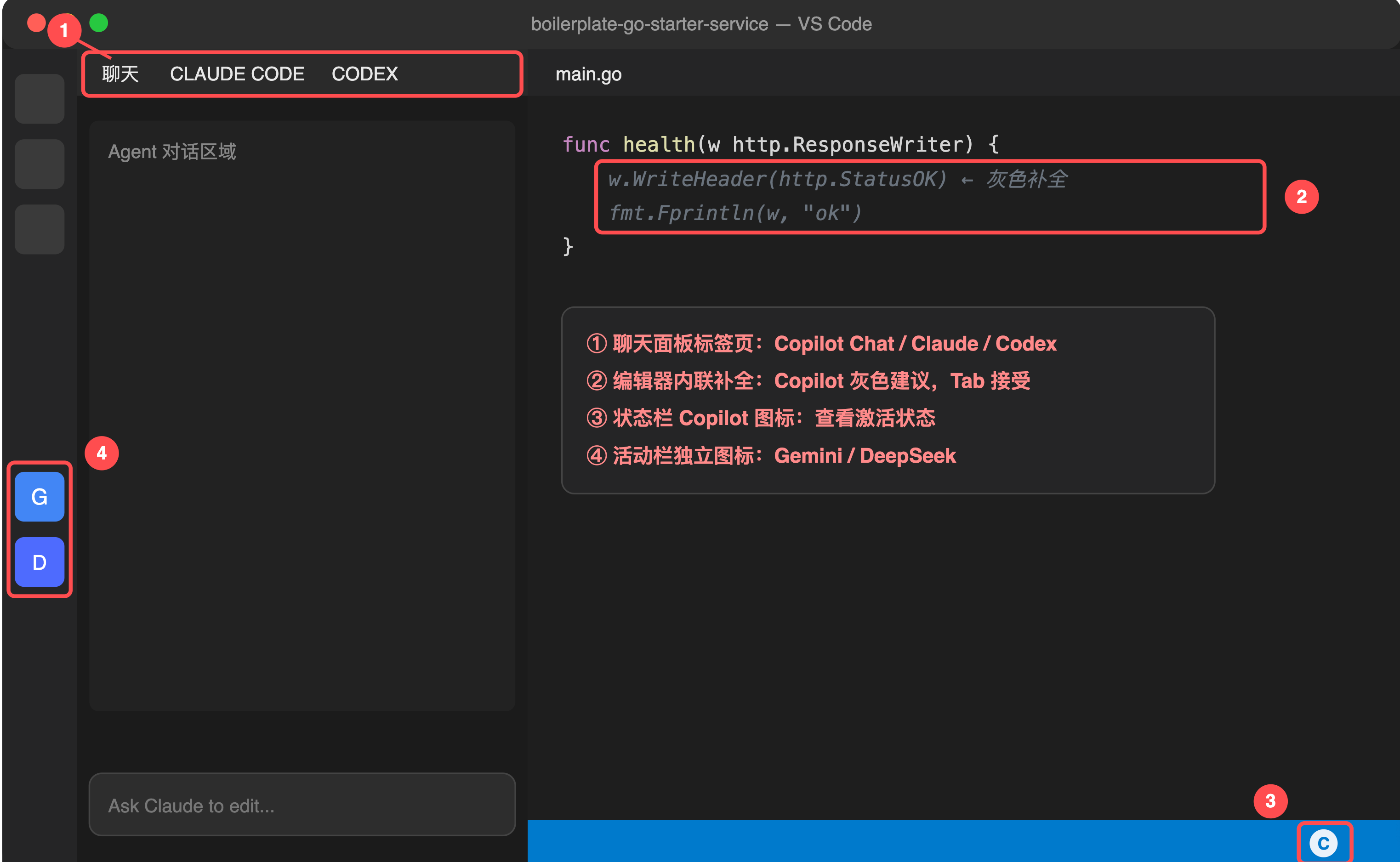 VS Code 多家 AI Agent 集成使用指南（Copilot / Claude Code / Codex / Gemini / DeepSeek）